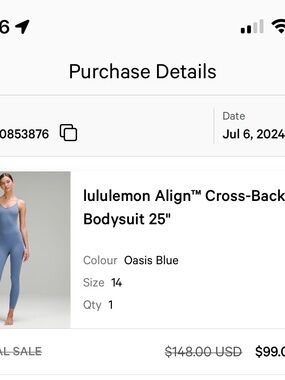 lululemon Align™ Cross-Back Bodysuit 25" size 14 in Oasis Blue